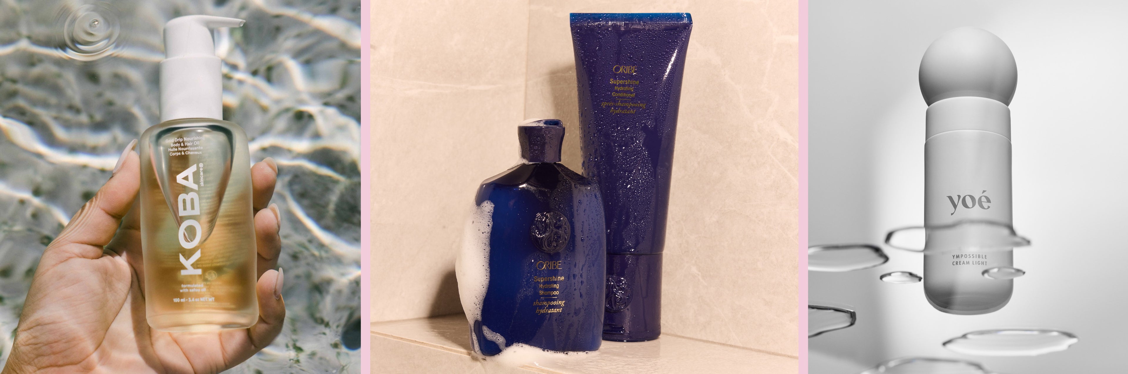 Three skincare products from different brands held or displayed against a neutral background.