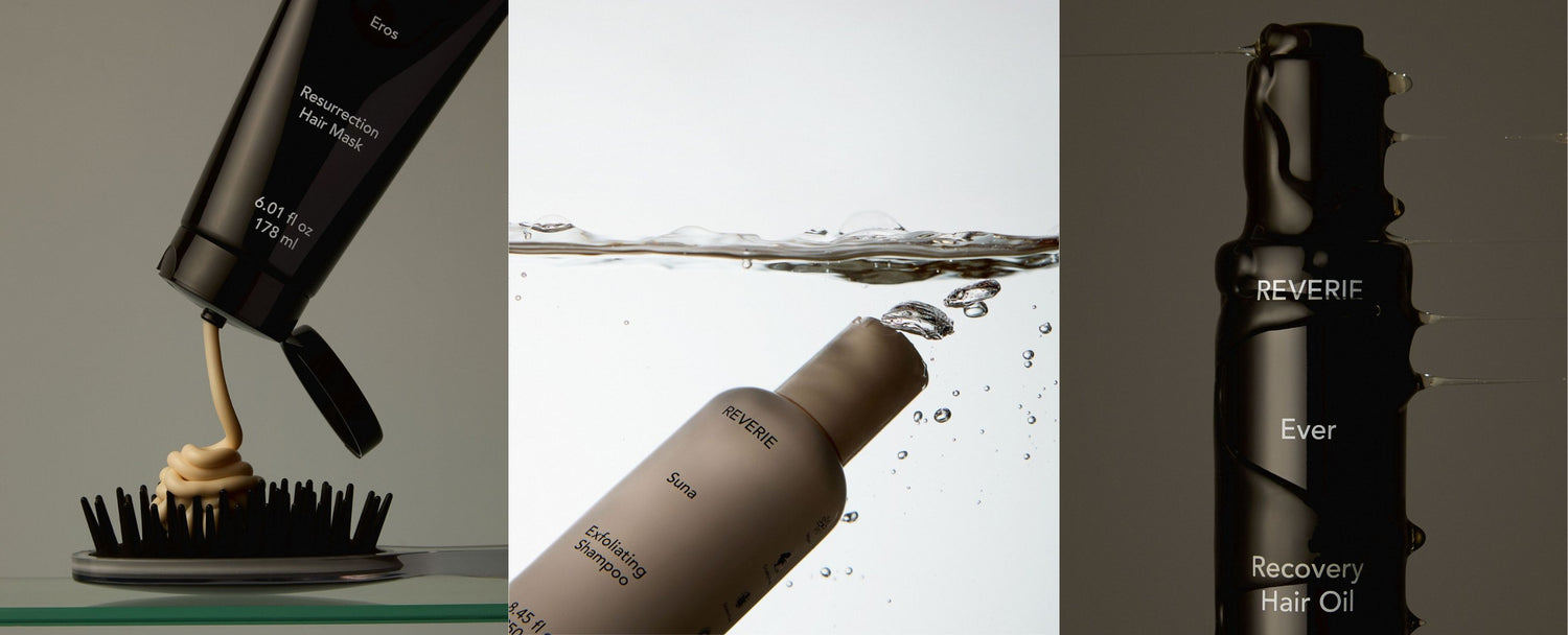 Reverie hair care products including a bottle, oil, and brush on a neutral background.