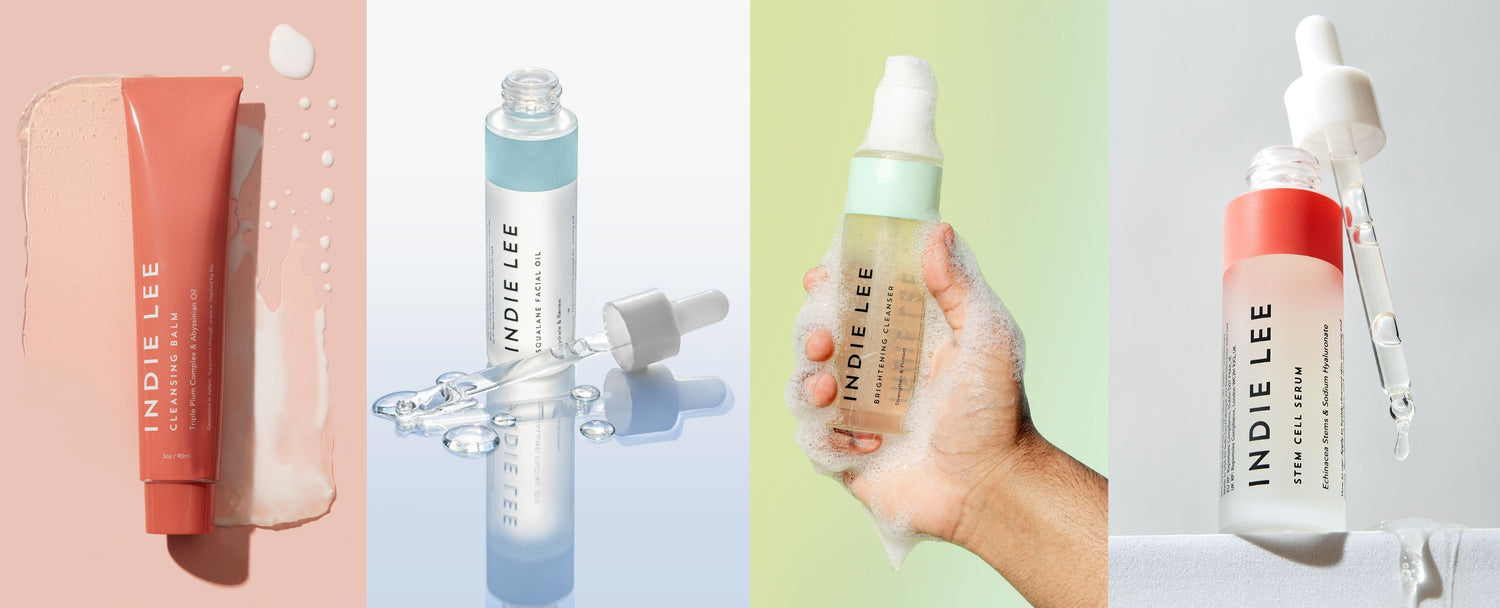 Indie Lee skincare products including a tube, dropper, and bottle on a light background.